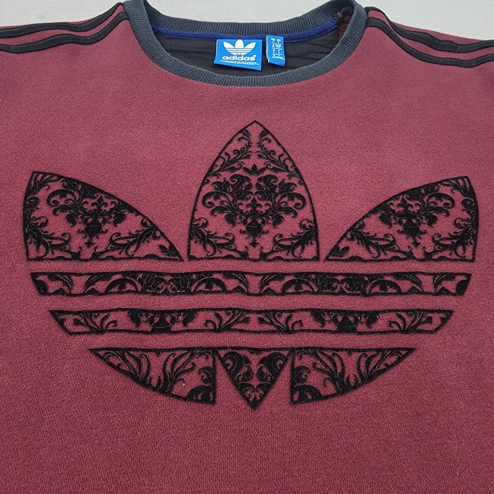 Adidas Originals Sweatshirt Mens S Burgundy Baroque Flocked Trefoil Colorblock - Picture 4 of 11